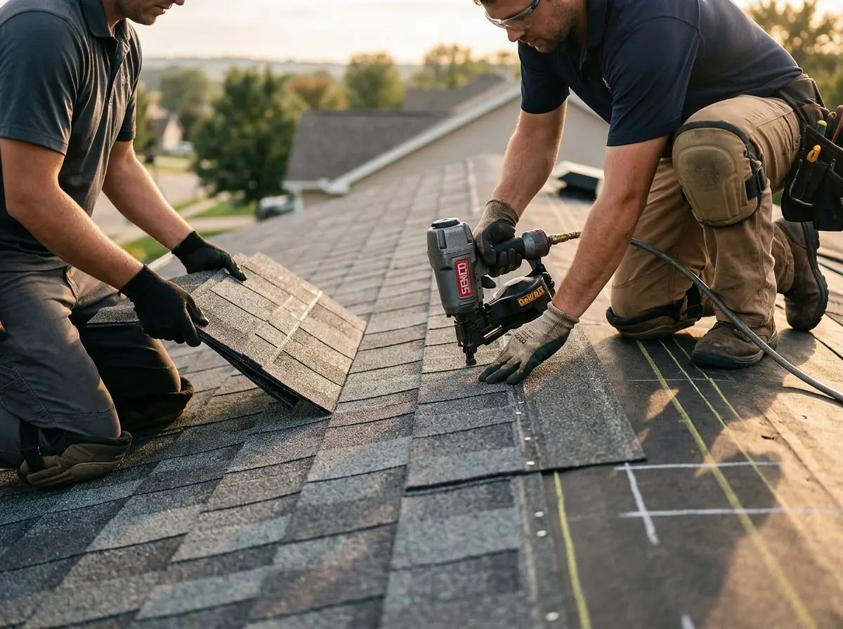 Professional roofer working on a residential roof in Goddard